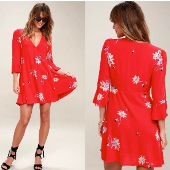 Free People Time On My Side Red Floral Wrap Dress - Picture 1 of 9